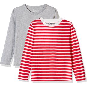 Kids 2 Packs 100% Cotton Tagless Long Sleeve Crewneck T Shirt Top for Boys or Girls 4-12 Years