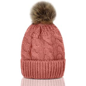 Whiteleopard Kid Beanie Hats Lining Pom Pom for Children -Slouchy Cable Knit Toddler Skull Hat Baby Ski Cap for Girls Boys