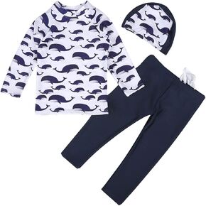 Digirlsor Kids Boys Two Piece Rash Guard Swimsuit Bathing Suit Long Sleeve Sunsuit Swimwear Set with Cap,2-10 Years