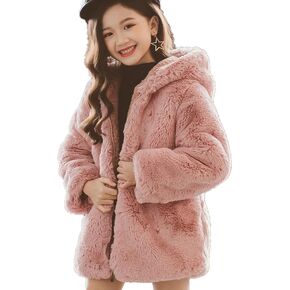 ASHER FASHION Little Big Girls Winter Outfit Hooded Fur Jacket Warm Cotton Fleece Thick Coat Outwear