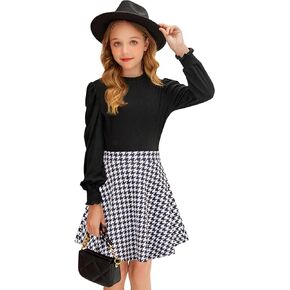 Arshiner Girls Skirt Set Winter Fall Outfits Rib Knit Puff Sleeve Tops and Flared Mini Skirts with Pockets 2 Piece clothes