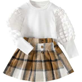 DONWEN Toddler Little Girl Fall Winter Clothes Puff Sleeve Tops Plaid Mini Skirts 2Pcs Outfits Set