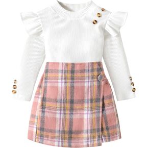Aulyffo Baby Toddler Girl Clothes,Girls Outfits Long Sleeve Ruffle Button Tops + Plaid Skirt Shorts + Hat 3Pcs Clothes Set