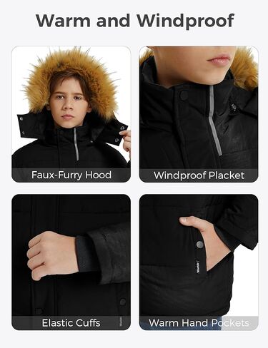 Wantdo Boys' Warm Winter Coat Fleece Puffer Jacket Water Resistant Outerwear Jackets with Hood in Kuwait