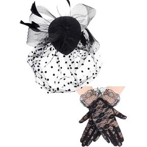 Fascinators for Women Tea Party Hat and Lace Gloves Funeral Hat 50s Vintage Hat Wedding Feather Veil Hair Clip