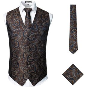 ZEROYAA Mens Classic 3pc Jacquard Paisley Vest Set Necktie Pocket Square Waistcoat for Suit or Tuxedo
