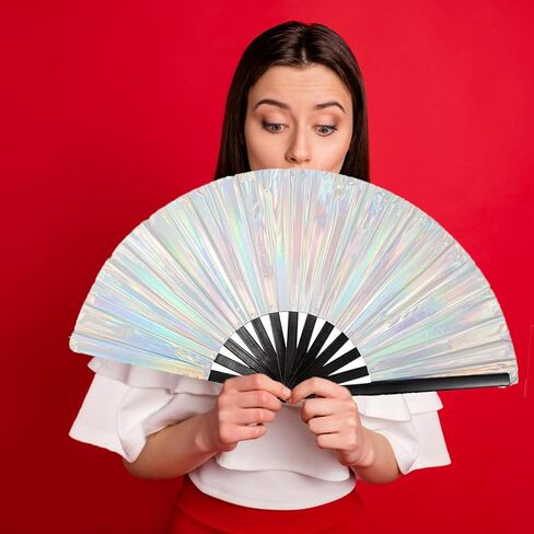 dmjuncong Large Folding Hand Rave Fan,Clack Handheld Fan,Laser Colors Hand Fan,for Festivals, Halloween, Rainbow Outfits,Disco Party,Home Decoration and many occasions. in Kuwait