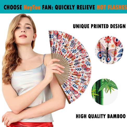 HeyToo Women Held Hand Folding Fan - Bamboo Printed Pattern Foldable Fan - Ideal for Decoration, Wedding, Themed Anniversary Party, Church, EDM, Festivals, Dancing and Gifts (Flamingo) in Saudi Arabia