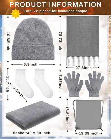 Jecery 72 قطعة من حزمة رعاية المشردين لوازم الشتاء بطانية الصوف المرجاني قفازات الجوارب والأوشحة وأكياس الرباط السائبة لرعاية الشتاء بلا مأوى in Kuwait