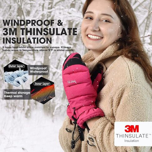 MCTi Ski Mittens Women's Snow Mitten Touch Screen قفازات مبطنة معزولة مقاومة للماء مع سحاب مخفي in Kuwait