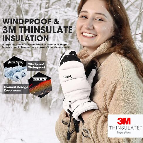 MCTi Ski Mittens Women's Snow Mitten Touch Screen قفازات مبطنة معزولة مقاومة للماء مع سحاب مخفي in Kuwait