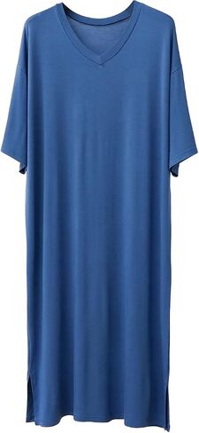 قميص نوم رجالي من ASHER FASHION قميص نوم قطني مشروط برقبة على شكل V وأكمام قصيرة PJ ملابس نوم طويلة ناعمة قميص نوم فضفاض in Kuwait