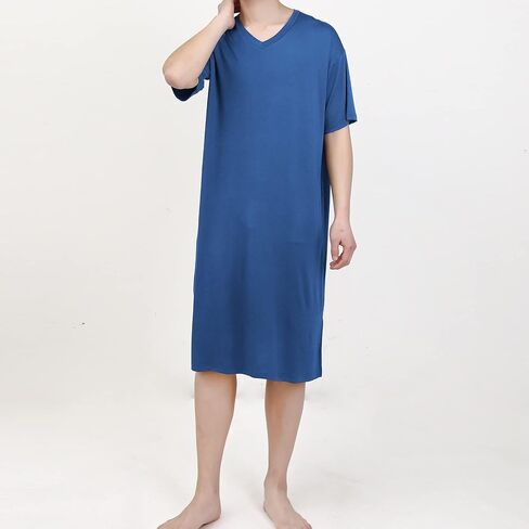 قميص نوم رجالي من ASHER FASHION قميص نوم قطني مشروط برقبة على شكل V وأكمام قصيرة PJ ملابس نوم طويلة ناعمة قميص نوم فضفاض in Kuwait