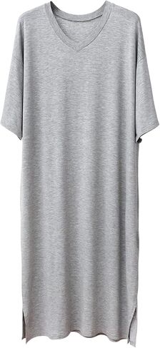 قميص نوم رجالي من ASHER FASHION قميص نوم قطني مشروط برقبة على شكل V وأكمام قصيرة PJ ملابس نوم طويلة ناعمة قميص نوم فضفاض in Kuwait