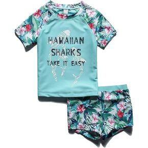 PHIBEE Girls' Short Sleeve Rash Guard Set UPF 50+ Sun Protection Two-Piece Swimwear