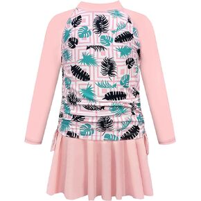 SHEKINI Girls Two Piece Rash Guard Long Sleeve Swimsuit UPF 50+ Protection Printed Swimsuit with Skirt 6-12T