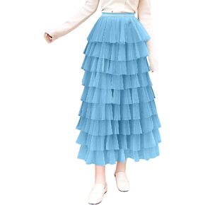 ebossy Women's Sweet Elastic Waist Tulle Layered Ruffles Mesh Long Tiered Skirt