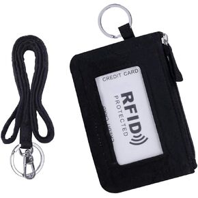 Iconic Zip ID Case Card Holder for Women,Signature Cotton Coin Purse with Id Window,RFID Blocking Change Pouch with Key Chain(BLACK)