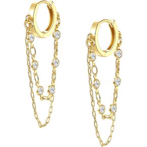 Shownee Tassel Chain Small Gold Hoop Dangle Earring For Women Girl Huggie Earring Heart Star CZ 14K Gold Plated Fashion Jewelry Friendship Gift For Teen Girls