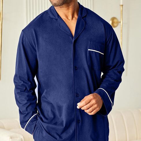 طقم بيجامة رجالي من الجيرسي القطني الناعم من Alexander Del Rossa، قميص طويل الأكمام وسروال مع جيوب in Kuwait