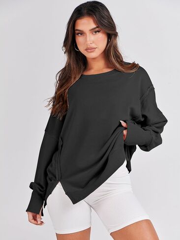 ANRABESS Women's Oversized Sweatshirt Crew Neck Long Sleeve Casual Slit Sloucthy Pullover Top Fall Clothes in Kuwait