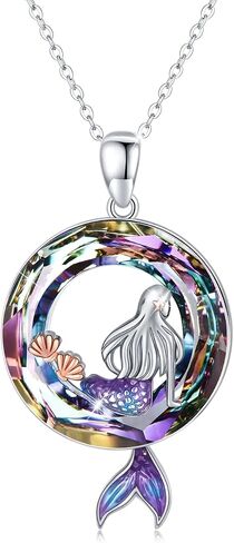 Mermaid Necklaces Round Shape Crystal Ocean Pendant Necklace Dainty Sterling Silver Starfish Beach Cute Jewelry Gifts for Women Girls with Gift Box in Kuwait