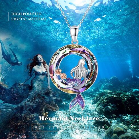 Mermaid Necklaces Round Shape Crystal Ocean Pendant Necklace Dainty Sterling Silver Starfish Beach Cute Jewelry Gifts for Women Girls with Gift Box in Kuwait