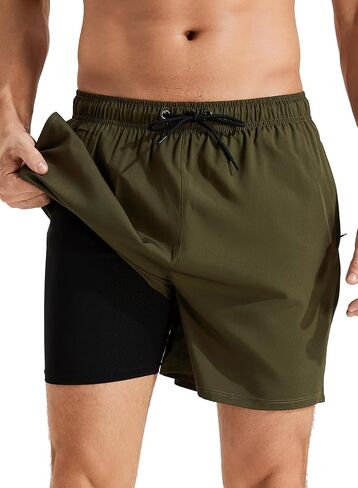 Roxdme Mens Swim Trunks with Compression Liner Quick Dry Beach Shorts with Zipper Pockets in Kuwait