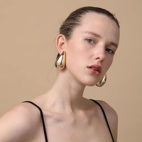 Apsvo Chunky Gold Hoop Earrings for Women, Dupes Earrings Lightweight Waterdrop Hollow Open Hoops, Hypoallergenic Gold Plated Earrings Fashion Jewelry for Women Girls in Kuwait