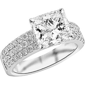 14K White Gold 2.75 Carat LAB GROWN IGI CERTIFIED DIAMOND Modern Triple Three Row Pave Set Round Cut Princess Cut Diamond Engagement Ring (I-J Color SI1-SI2 Clarity 2 Ct Center)
