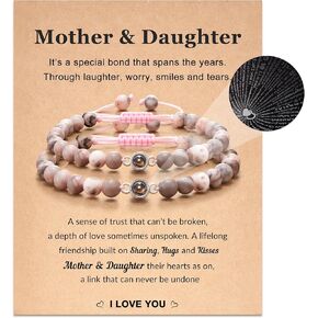 I Love You Projection Bracelets for Dad & Daughter - 100 Languages, Adjustable Natural Stone Bracelet Set with Blessing Card & Velvet Pouch