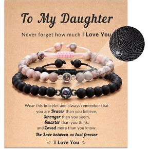 I Love You Projection Bracelets for Dad & Daughter - 100 Languages, Adjustable Natural Stone Bracelet Set with Blessing Card & Velvet Pouch