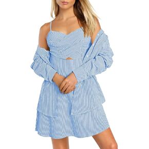 Fixmatti Women 2 Piece Outfits Dress Set Spaghetti Strap Mini Dresses with Button Down Shirt in Saudi Arabia