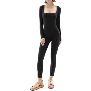 PUMIEY Jumpsuits for Women Square Neck Long Sleeve Bodycon Unitard One Piece Outfits Chill Collection
