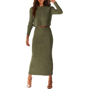PRETTYGARDEN Women's Fall 2 Piece Sweater Set Rib Knit Long Sleeve Crop Top Maxi Bodycon Skirt Casual Winter Outfits in Saudi Arabia