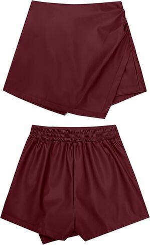 Luvamia شورت للنساء فو الجلود Skorts عالية الخصر بولي Leather السراويل الجلدية مرونة الخصر Ruched التفاف Skorts التنانير in Kuwait
