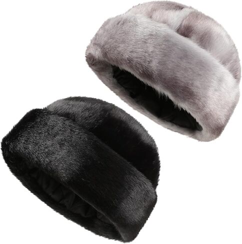 Liitrsh 2 قطعة قبعة الصياد الرجالية الروسية Ushanka قبعة دافئة للأذنين فو المنك الفراء قبعة القوزاق مفجر يندبروف قبعة الثلج الحرارية قبعة التزلج لفصل الشتاء أبي الرجال جندي الصيد ركوب الدراجات، أسود ورمادي in Kuwait
