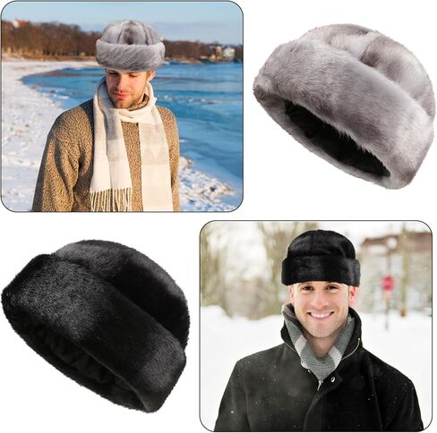 Liitrsh 2 قطعة قبعة الصياد الرجالية الروسية Ushanka قبعة دافئة للأذنين فو المنك الفراء قبعة القوزاق مفجر يندبروف قبعة الثلج الحرارية قبعة التزلج لفصل الشتاء أبي الرجال جندي الصيد ركوب الدراجات، أسود ورمادي in Kuwait