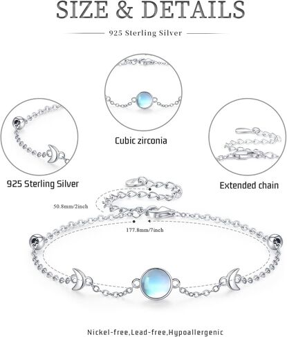 سوار حجر القمر 925 الفضة الاسترليني المرحلة القمر قابل للتعديل سوار مجوهرات هدايا للنساء الفتيات, فضة استرلينية in Kuwait