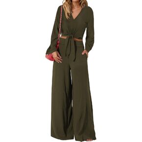 PRETTYGARDEN Women's 2 Piece Outfits 2023 Fall Casual Tracksuits V Neck Long Sleeve Strappy Crop Top Wide Leg Pant Sets