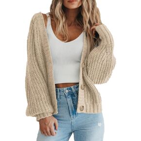 PRETTYGARDEN Women's Chunky Knit Open Front Sweater Long Sleeve Button Loose Short Cardigan Outerwear Coats in Kuwait