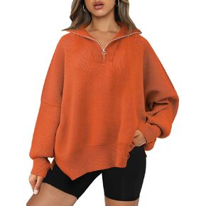 LILLUSORY Women's Oversized Sweaters 2023 Fall Zipper Collared Drop Shoulder Tunic Pullover Split Hem Knit Sweater Tops