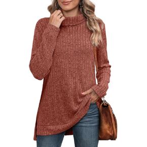 WIHOLL Womens Tunic Tops Turtleneck Long Sleeve Side Split High Low Lightweight Sweaters