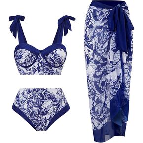 Wuitrie Womens Bikini Set 3 Piece Elegant Vintage Print Ruffled Lace Up Brazilian Thong Swimsuits with Bikini Wrap Skirt in Kuwait