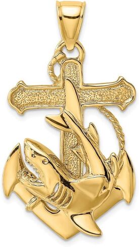 Solid 14k Yellow Gold 2-D Anchor with Shark Charm Pendant - 29mm x 21mm in Saudi Arabia