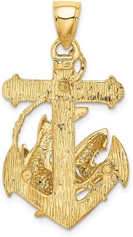 Solid 14k Yellow Gold 2-D Anchor with Shark Charm Pendant - 29mm x 21mm in Saudi Arabia
