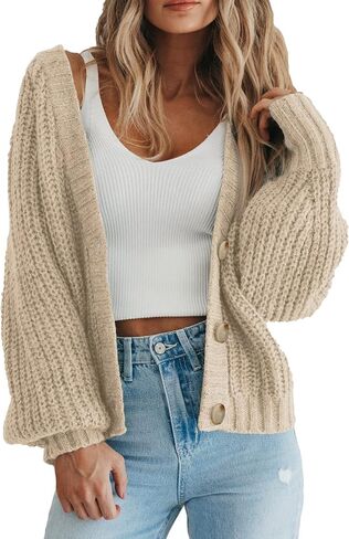 PRETTYGARDEN Women's Chunky Knit Open Front Sweater Long Sleeve Button Loose Short Cardigan Outerwear Coats in Kuwait