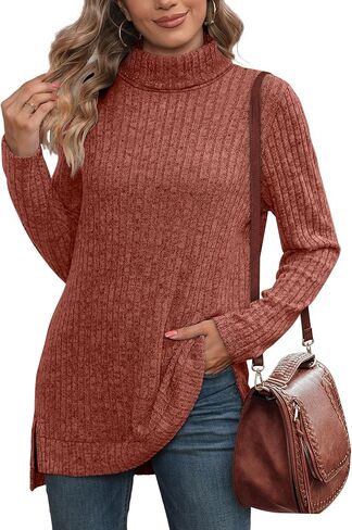 WIHOLL Womens Tunic Tops Turtleneck Long Sleeve Side Split High Low Lightweight Sweaters in Kuwait