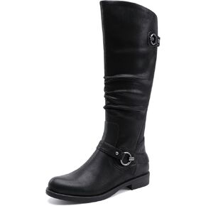 EETTARO Women's Mid Calf Boots Elastic Low Heel Knee High Boot Fashion Side Zip Buckles Winter Boots