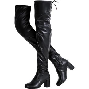 Women's Over the Knee Thigh High Long Boots with Block Heel | Tie-top stretch shaft, inner side zipper and slender high heel, a sleek over-the-knee look for dresses, jeans and parties in Saudi Arabia